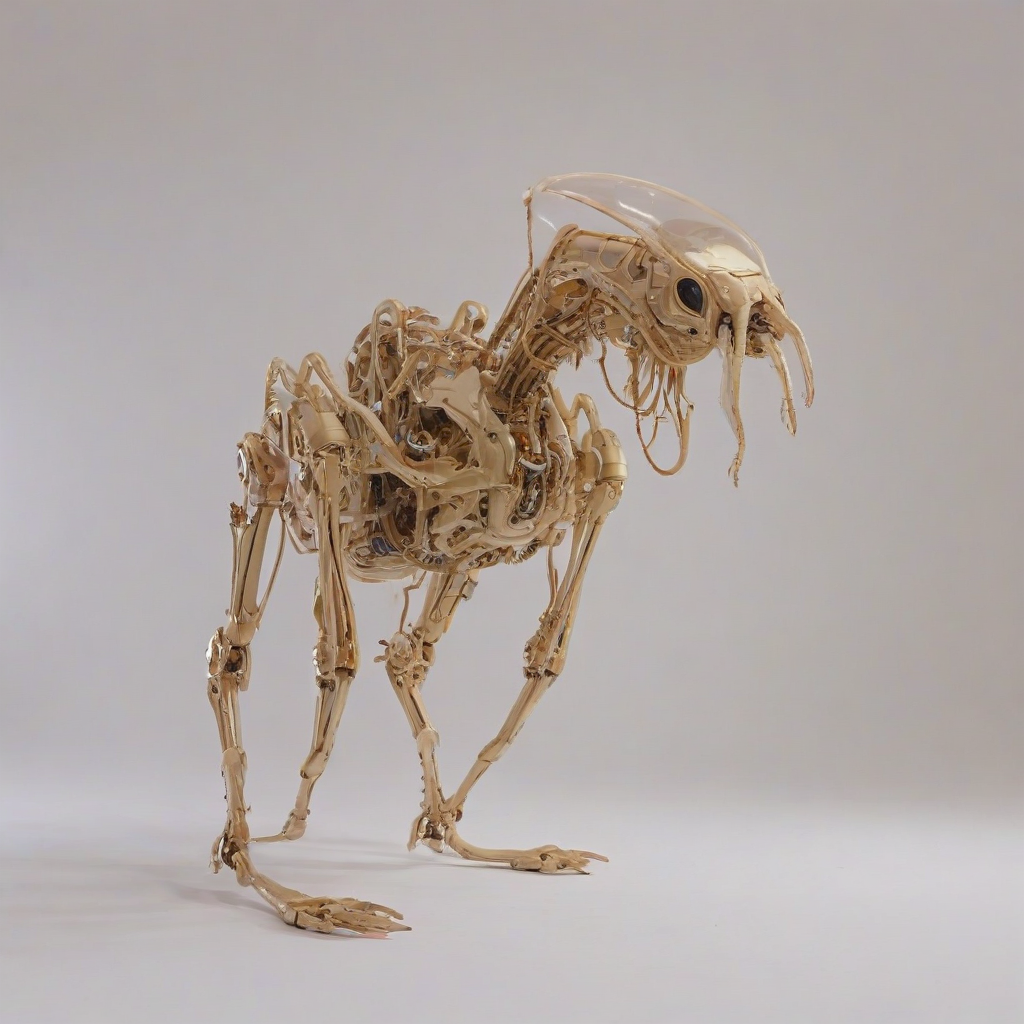 A full-body view of a biomechanical creature with a predominantly tan color scheme, set against a plain white background, with synthwave-inspired neon accents and metallic details, in a wide shot with its feet visible, under a soft, pastel-colored backlight with dynamic shadows, on a plain white background, even lighting