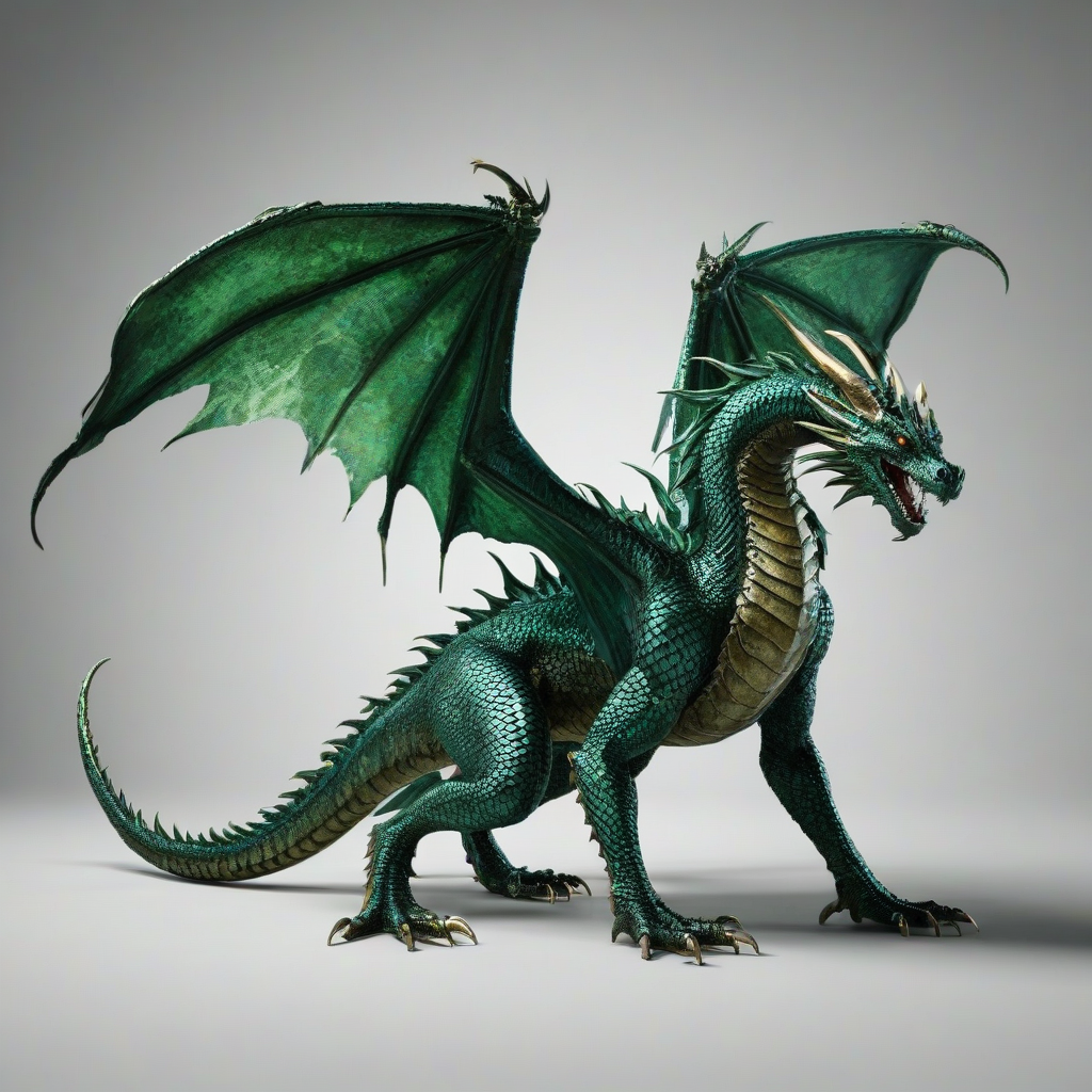 A majestic, Emerald green dragon with grunge-inspired, metallic scales, standing in a powerful pose, full-body view, on a plain white background, with a wide-angle shot, and dramatic, dynamic shadows, in a digital art style