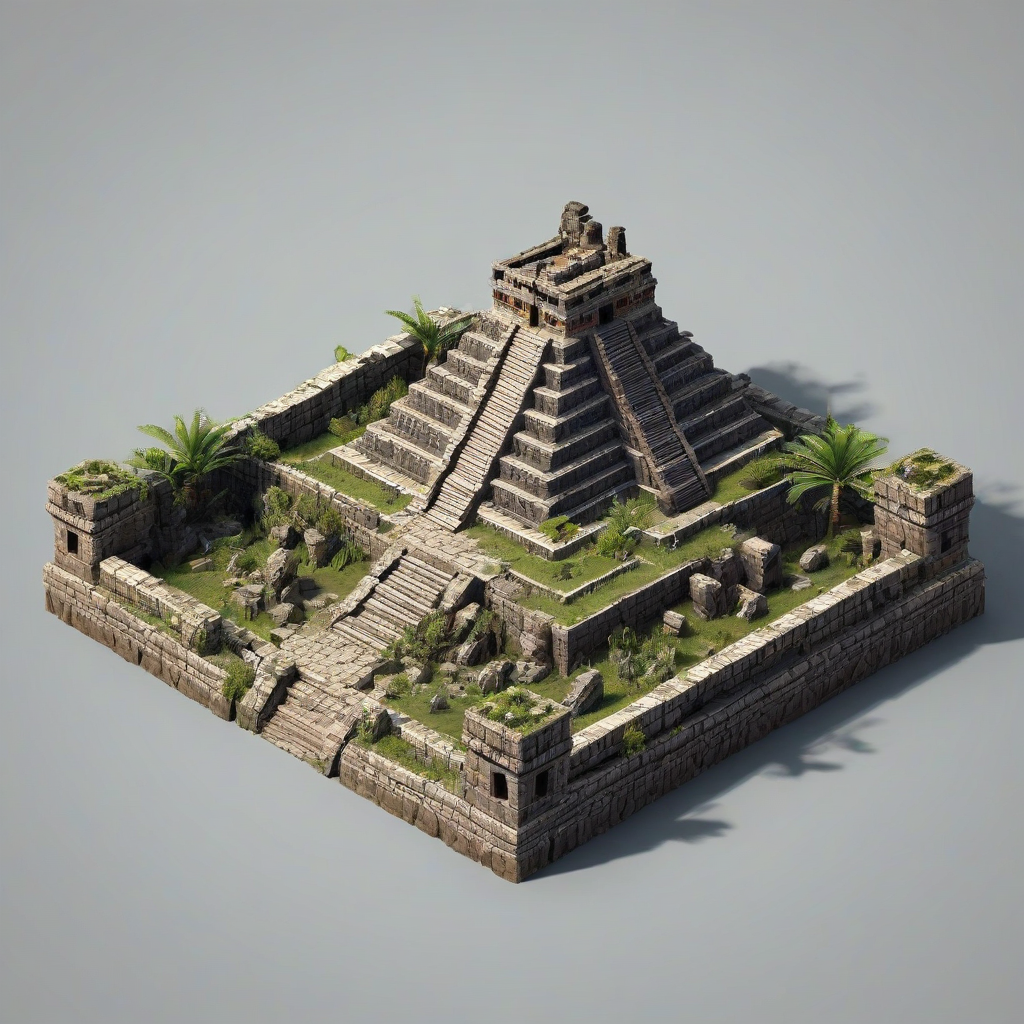 ancient Aztec ruin, on square grid for isometric game asset, bright lighting, on a plain white background, even lighting