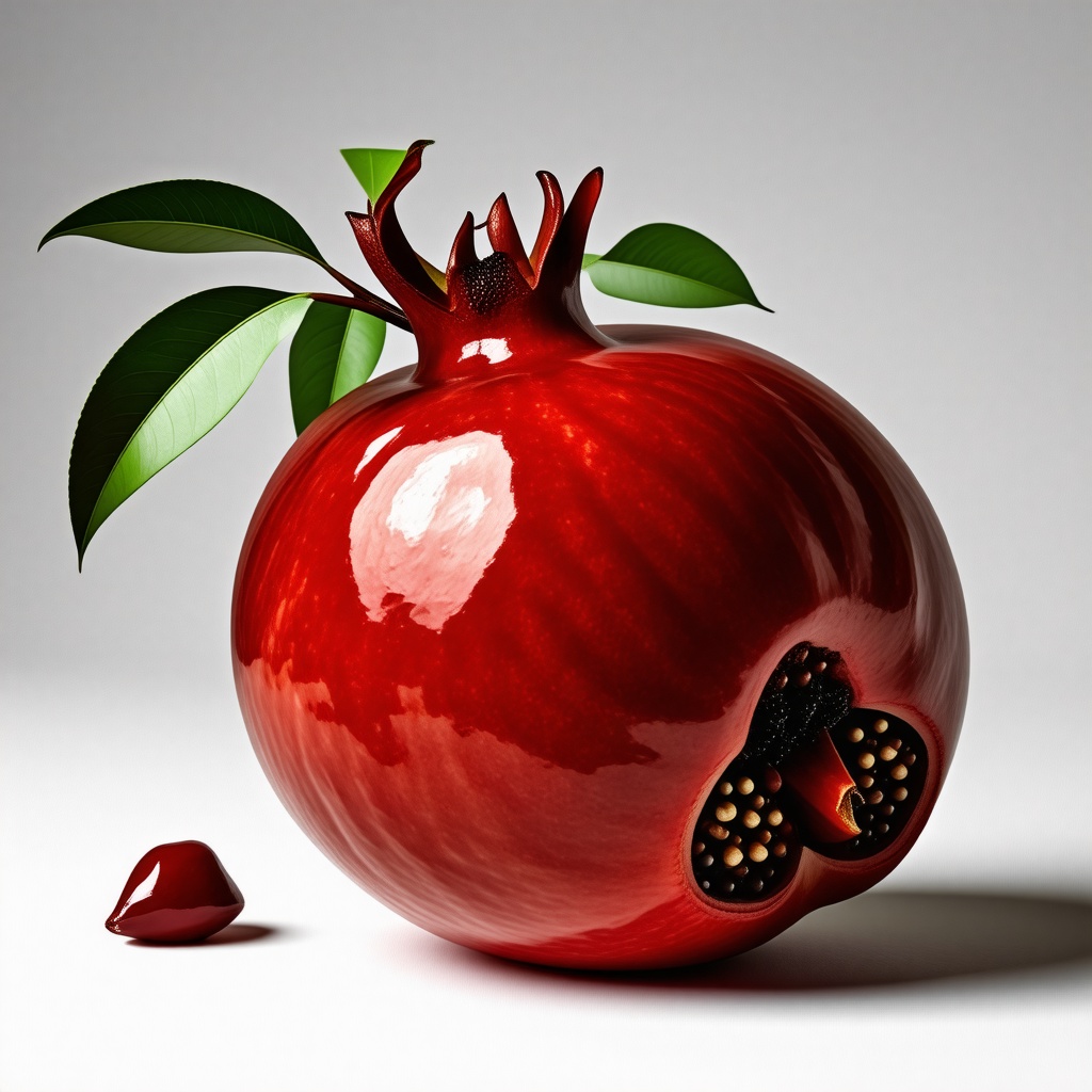 A colorful, vibrant, full-body view of a ruby red pomegranate, with intricate Rococo-style etchings on its skin, set against a plain white background, with soft, warm, natural light and dynamic shadows, in the style of 18th century still life oil painting