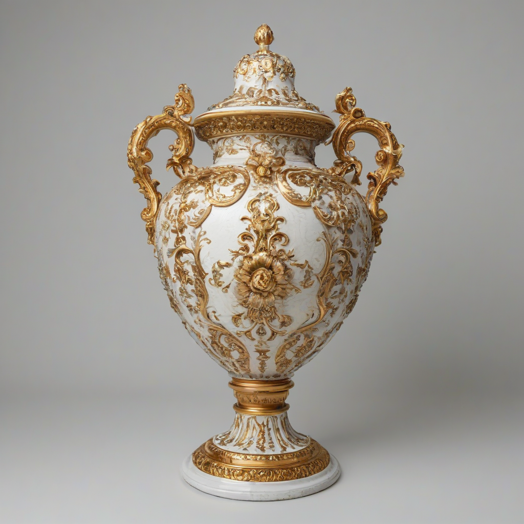 A highly ornate, Baroque style urn vase, with intricate golden details and floral patterns, on a plain white background, in a wide shot with the entire vase visible, including the base and the lid, with a warm, soft lighting and a slight sense of depth, in the style of 17th century European decorative arts, on a plain white background, even lighting 
