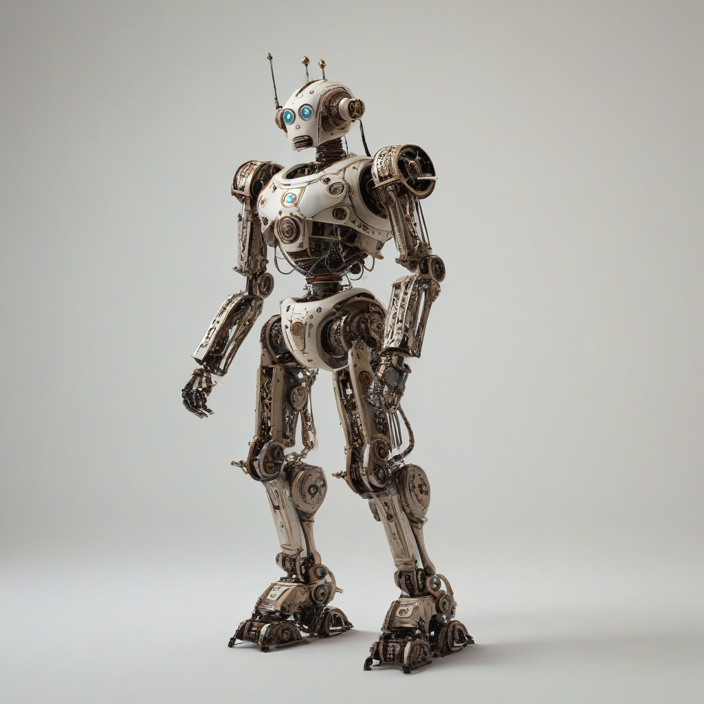 A medieval robot with intricate mechanical details, standing on a plain white background, with a wide-angle shot, and soft, natural lighting, in the style of traditional oil painting on a plain white background, even lighting