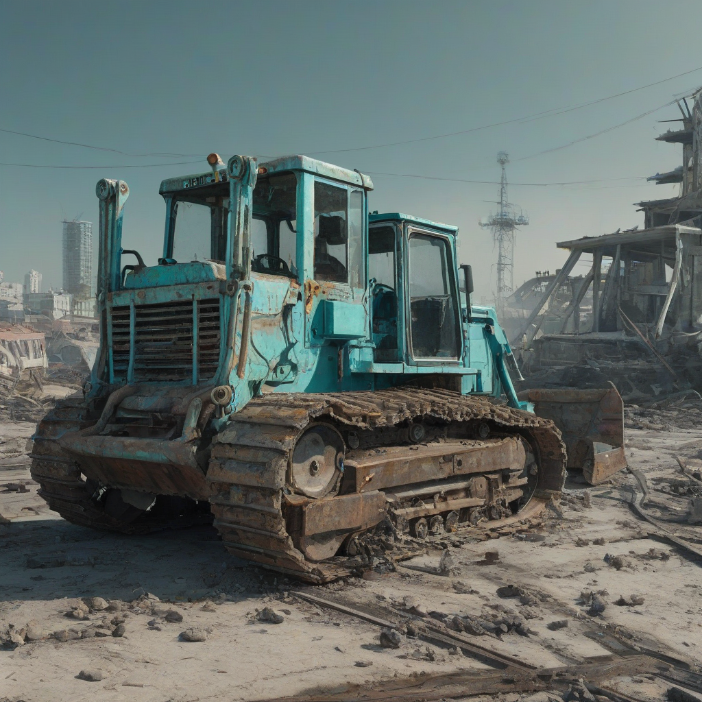 A fully intact, aquamarine-colored bulldozer, with a wide shot of the entire machine, including the tracks and operator's seat, set against a plain white background, in a post-apocalyptic scene with a ruined cityscape in the background, with a focus on the bulldozer's vibrant aquamarine color, in a digital art style with bold lines and dynamic shading, on a plain white background, even lighting 