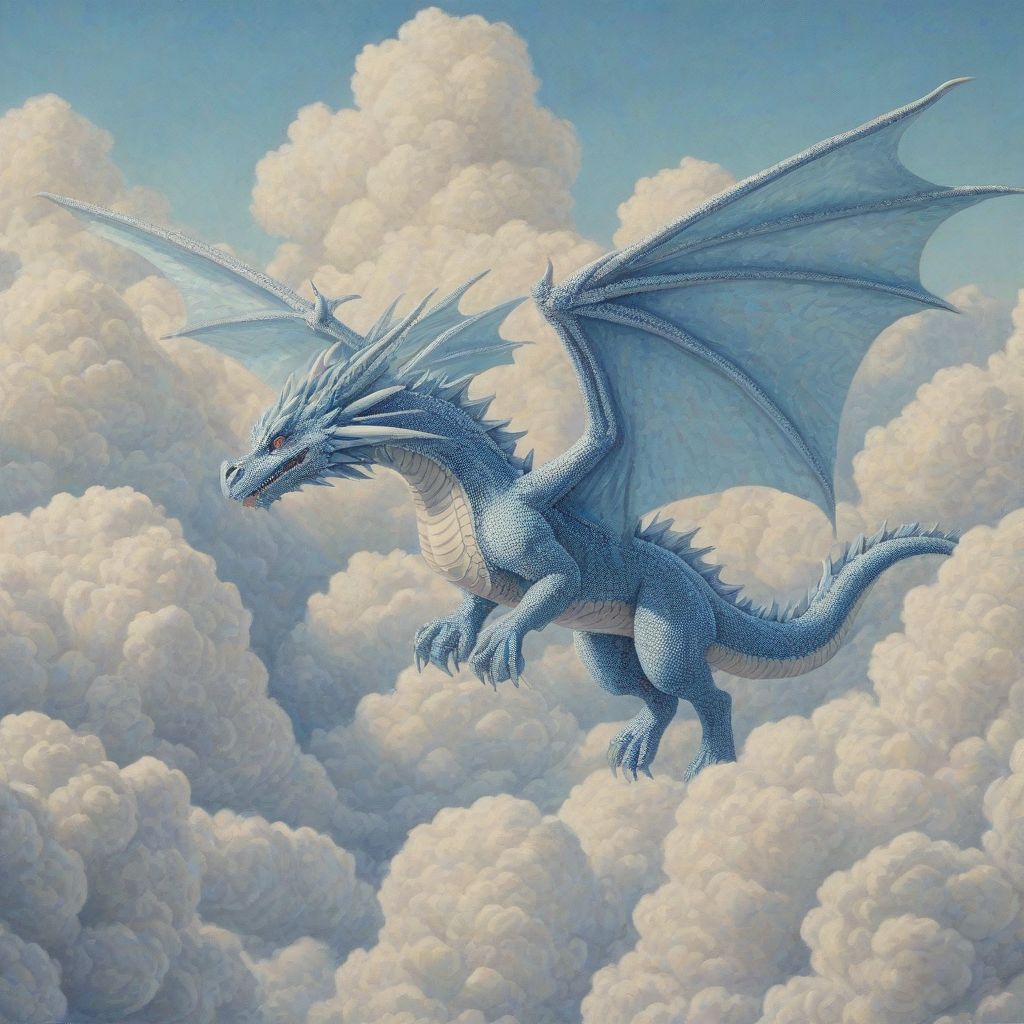 pointillism style of a light blue dragon flying through fluffy white clouds in big open blue sky