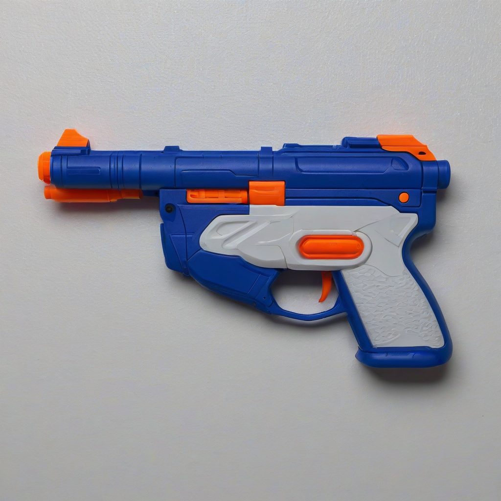 blue plastic nerf gun, on a plain white background, even lighting