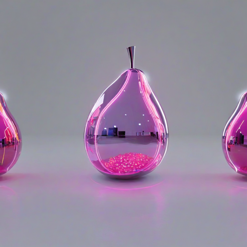A pink, glowing, futuristic fruit with a metallic sheen, full-body view, on a plain white background, with neon lights reflecting off its surface, in a wide shot, with a sense of depth and dimensionality, digital art style, vibrant colors, and dynamic shadows, on a plain white background, even lighting