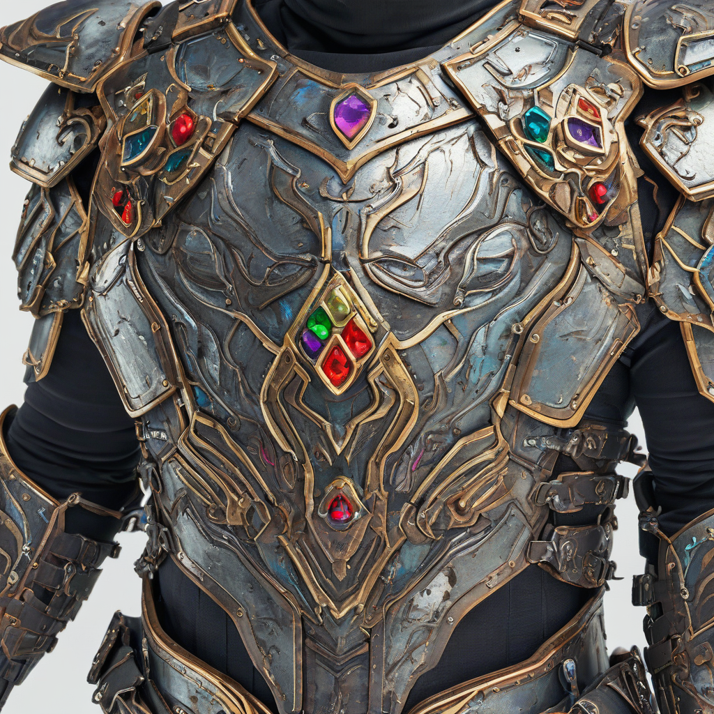 A stylized, chunky piece of body armor with embedded jewels, designed as a fun video game asset, featuring a wide shot with the armor's intricate details and colorful jewels on a plain white background, with a dramatic, muted lighting effect to accentuate its textures and vibrant colors, in a darker, ominous tone, with a masculine aesthetic, angular lines, and bold shapes., on a plain white background, even lighting