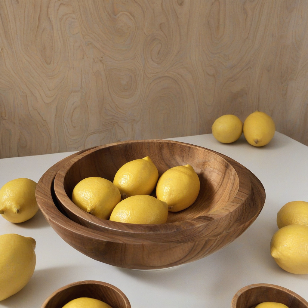 A wide shot of a wooden bowl filled with shiny, yellow lemons, the bowl is made of a light brown wood and has a simple, rustic design, the lemons are arranged in a casual, organic pattern, the background is a plain white, the lighting is soft and even, highlighting the texture of the wood and the brightness of the lemons, on a plain white background, even lighting 