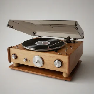 A full-body view of a vintage wooden vinyl record player with a warm, earthy tone, placed on a plain white background, with a close-up shot of the turntable and tonearm, in a photorealistic style with soft, warm lighting and subtle shadows, with a focus on the texture of the wood grain, on a plain white background, even lighting