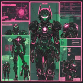 Comic book page with a grungy mecha fighter suit, slightly silhouetted, add a slight anime style, with soft neon lighting, illuminating the suit with a pink and green hue, add digital diagrams pointing to certain parts of the suit, with an outline pictogram of the robotic part