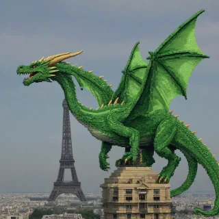 Pixel art, Large green dragon on the Eiffel tower