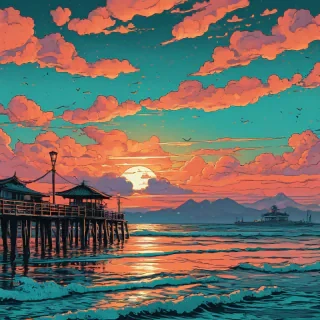 Vintage Synthwave Ukiyo-e sunset over calm turquoise ocean, distressed neon orange and white clouds, old water city in distance, beachfront pier with old lanterns