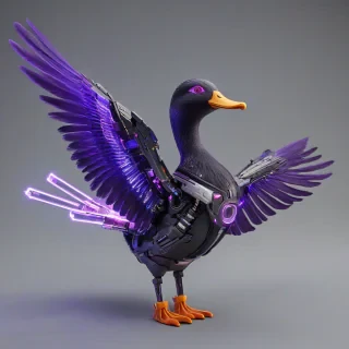 A cybernetic duck with purple feather and neon purple lights on its wings that are outstretched and it has laser eyes and a laser gun on its back