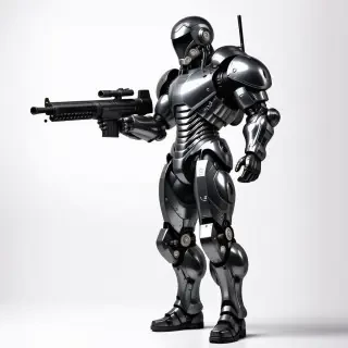 A man in sleek, metallic power armor, with a powerful shotgun held firmly in his right hand, and a sturdy shield attached to his left forearm, standing in a wide shot with feet visible, on a plain white background, with a dramatic backlight and dynamic shadows, in a digital art style with a focus on intricate details and textures