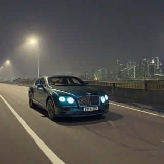 A Bentley on an empty highway at night