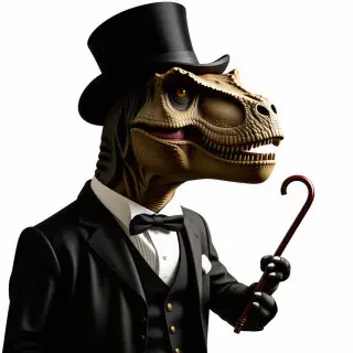 T-rex wearing a black top hat and holding a cane full body view