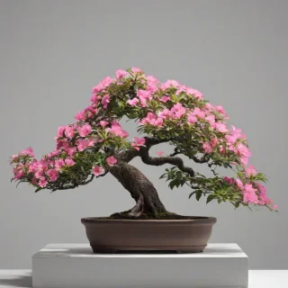 bonsai tree with pink flowers, on a plain white background, even lighting 