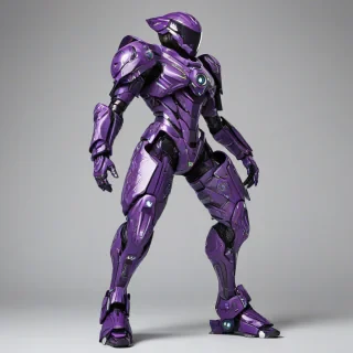 A full-body view of a sleek, purple mech suit with intricate, Afrofuturist-inspired designs and patterns, set against a plain white background, with a wide-angle shot and dynamic shadows, in a digital art style with a mix of futuristic and traditional African elements, with the mech suit's feet visible and its arms posed in a powerful stance, on a plain white background, even lighting
