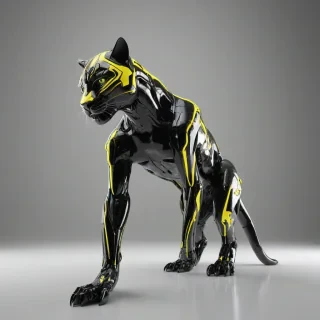 A cyberpunk panther made of sleek and shiny metal with neon yellow accents, full-body view, wide shot, feet visible, on a plain white background, with a dark and gritty cityscape blurred in the background, photorealistic, high detail, 4k resolution, on a plain white background, even lighting 