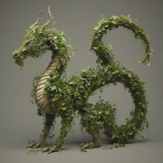 A detailed, full-body view of a large, mythical dragon made entirely from various types of plants, including lush green leaves, vibrant flowers, and twisted vines, with a wide-angle shot and soft, natural lighting, in the style of digital illustration