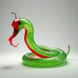 A vibrant green snake made of glass shards, with intricate details and sharp edges, coiled around a glowing bright red apple on a plain white background, the snake is looking directly at the viewer with its tongue out, in a wide shot with the entire snake visible, in a digital art style with high contrast and dynamic shadows