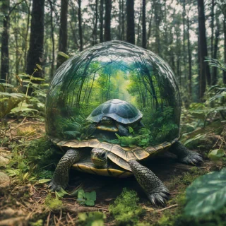 a turtle with a lush, vibrant forest on its shell, applying a double exposure photography effect with a blurred, dreamy atmosphere, capturing the intricate details of the forest's foliage and the turtle's shell, with plants growing out of the shell, and vines wrapping around it, in a serene, idyllic setting