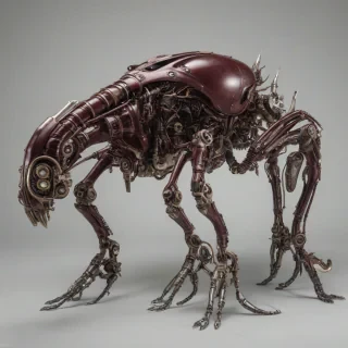 A maroon-colored, biomechanical creature with visible metallic limbs and organic tissue, in a full-body view, with a Dieselpunk aesthetic, on a plain white background, with dynamic shadows and a hard rim light, in a wide-angle shot, with a focus on the creature's intricate mechanical details