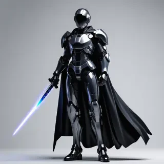 A futuristic human in grey-blue battle armor, with a sci-fi shield on the left arm, an energy blade on the right arm, a flowing black cloak, and professional lighting to make the model pop.