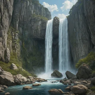 Fantasy realism of a tall, beautiful waterfall with large rocks underneath it