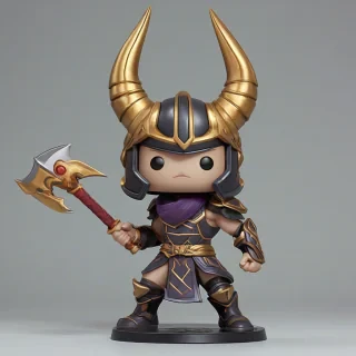 Shen from League of Legends in stylized, smooth-textured figurine, featuring a helmet with horn-like protrusions, a sword on the back, and a cartoonish, symmetrical body, like a funko pop, on a plain white background, even lighting 