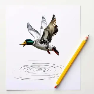 A sheet of paper with a yellow pencil next to it. Drawn on the paper is a roughly sketched duck that is flying over a crudely drawn pond