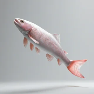 A translucent ghost of a salmon, with a faded pink and silver scales, hovering above a plain white background, in a wide shot, with a soft, ethereal glow, contemporary style, digital art, high contrast, detailed, intricate, full-body view, feet visible, on a plain white background, even lighting