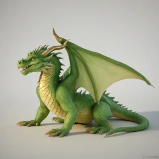 A full-body view of a medieval, green, dragon pet, with scales glistening in the sunlight, sitting on a plain white background, in a wide shot, with its feet visible, in the style of a digital illustration, with a soft, warm lighting and a slight backlight to accentuate its texture, on a plain white background, even lighting 