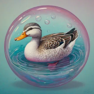 Sam Guay-inspired art of a duck in a vibrant iridescent bubble filled 1/4 with water, with a pink body, purple beak, and white feet floating on the water's surface, surrounded by a subtle gradient of blue and cyan hues toned down to a more pastel version.