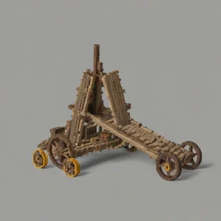 A medieval siege weapon, such as a catapult or trebuchet, in a full-body view, with a khaki color scheme, created in a pixel art style, on a plain white background, with a wide shot and the entire weapon visible, including its wheels and throwing arm, with a bright and colorful pixelated texture
