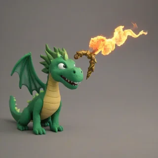 Clay animation of a small green dragon breathing fire