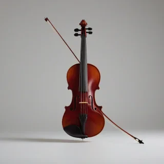 A photorealistic, burgundy-colored violin, in a wide shot, with the entire instrument visible, including the scroll and strings, on a plain white background, with soft, natural lighting and subtle shadows, in the style of a high-end product photograph, on a plain white background, even lighting 