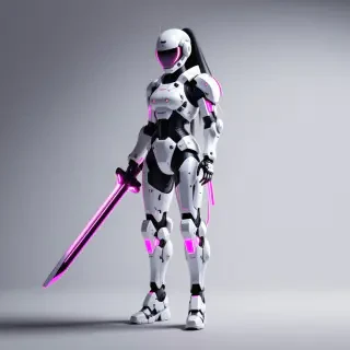 A mecha warrior woman with white futuristic armor with neon pink accents, full-body view, wide shot, feet visible, standing on a plain white background, with a humongous sword with a large flat rectangular blade slung on her shoulder as she tightly grips the handle with one hand, dynamic shadows, hard rim light, digital art style, she is standing in a confident pose, her weight shifted onto the leg opposite of the arm holding the sword and her other leg planted firmly in front of her, highly detailed, intricate armor design, armor panels, neon pink glow, metallic sheen, sharp edges, rugged texture, dramatic lighting, intense atmosphere