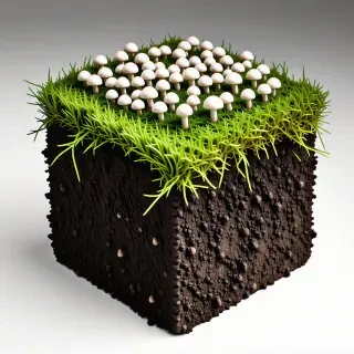 A cube of dirt with a layer of green grass on the top. Growing out of the grass are many small white mushrooms