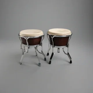 A pair of wooden bongos, full-body view, on a plain white background, with a wide-angle shot, made from a rich, dark wood, with a smooth finish, and metal hardware, in a realistic style, with soft, natural lighting, and a shallow depth of field, on a plain white background, even lighting