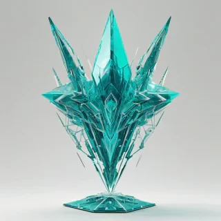 A large, intricate crystal formation, with a dominant teal color scheme, set against a plain white background, in a futuristic, sci-fi style, with sharp, geometric lines and a sense of glowing, otherworldly energy, full-body view, wide shot, with the crystal formation's base and surroundings visible, in a digital art style with vibrant, neon accents, on a plain white background, even lighting