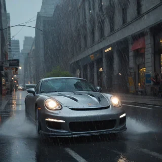 A lone super cool sports car with airbrushed scenes on it, zooming through the city, raining, there is water being kicked up by the tires as the car skids down the street, Dramatic lighting with slight beams of light from small breaks in the clouds