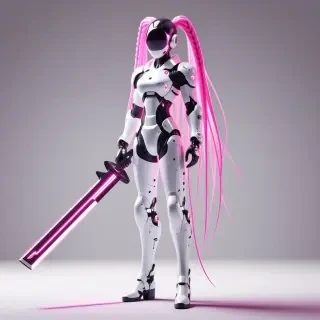A mecha warrior woman with white futuristic armor with neon pink accents and long pigtail braids that are bright pink and they reach the ground, full-body view, wide shot, feet visible, standing on a plain white background, with a humongous sword with a large flat rectangular blade slung on her shoulder, dynamic shadows, hard rim light, digital art style, she is standing in a confident pose, her weight shifted onto the leg opposite of the arm holding the sword and her other leg planted firmly in front of her, highly detailed, intricate armor design, armor panels, neon pink glow, metallic sheen, sharp edges, rugged texture, dramatic lighting, intense atmosphere