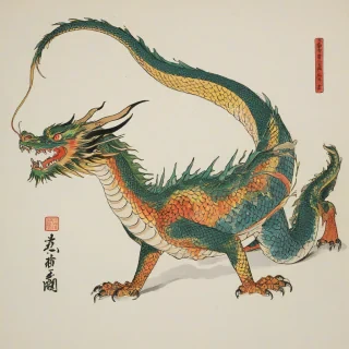 A full-body view of a traditional Japanese ukiyo-e style painting of a dragon, set against a plain white background, with vibrant colors and bold brushstrokes, in a wide shot with the dragon's claws and tail visible, with a soft, serene lighting and dynamic shadows, in the style of Hokusai