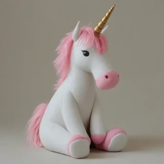 Ghibli-style  sitting unicorn with a pink mane and tail, and the muzzle is pink too