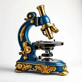 A detailed, full-body view of a scientific equipment, such as a microscope, in the style of Rococo, with a predominantly Azure color scheme, set against a plain white background, with intricate golden accents and ornate details, in a wide shot with the equipment's base and surroundings visible, under soft, natural lighting with a slight sheen to emphasize the equipment's metallic surfaces