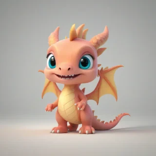 A cartoon style cute peach colored baby dragon with a smile, in 3D animation style, full-body view, with bright and vibrant colors, standing on a plain white background, with a wide-angle shot, and dynamic lighting, featuring a small, rounded body, large eyes, and a tiny nose, with a happy and playful expression, on a plain white background, even lighting 