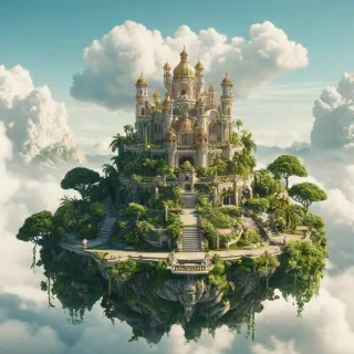 A vibrant, lime-colored, floating island, with a wide shot of the entire island, including its base, surrounded by a few puffy white clouds, on a plain white background, in a Baroque style, with intricate details and ornate patterns, full of lush greenery and exotic plants, with a few towering trees and a majestic castle in the center, illuminated by a soft, warm light, with a sense of depth and dimensionality