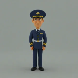 A 3D cartoon animation of a male airplane captain wearing a pilot's uniform, including the hat, with a full body view, large eyes, rounded features, on a plain white background, even lighting