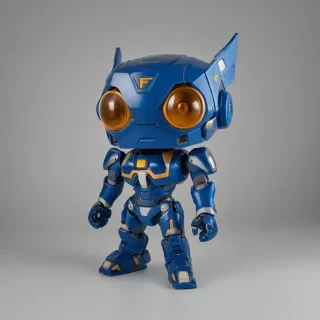 a blue mecha suit, funko pop style, on a plain white background, even lighting